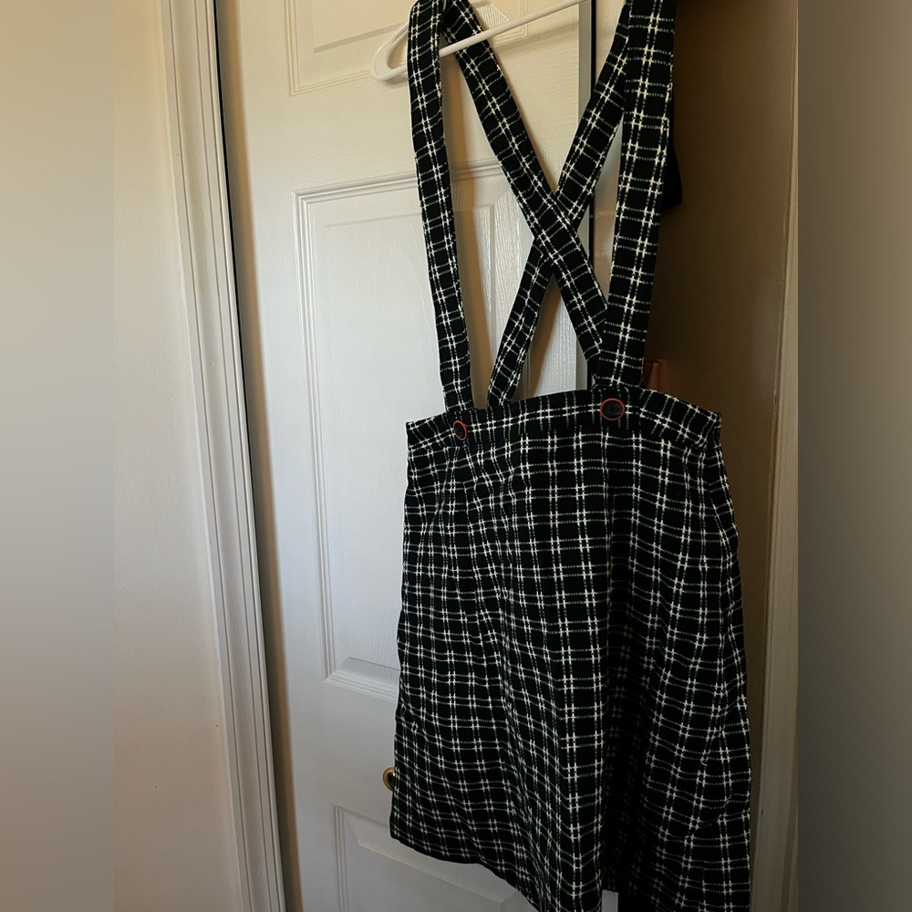 Anthropologie Black and White Plaid Suspender Skirt